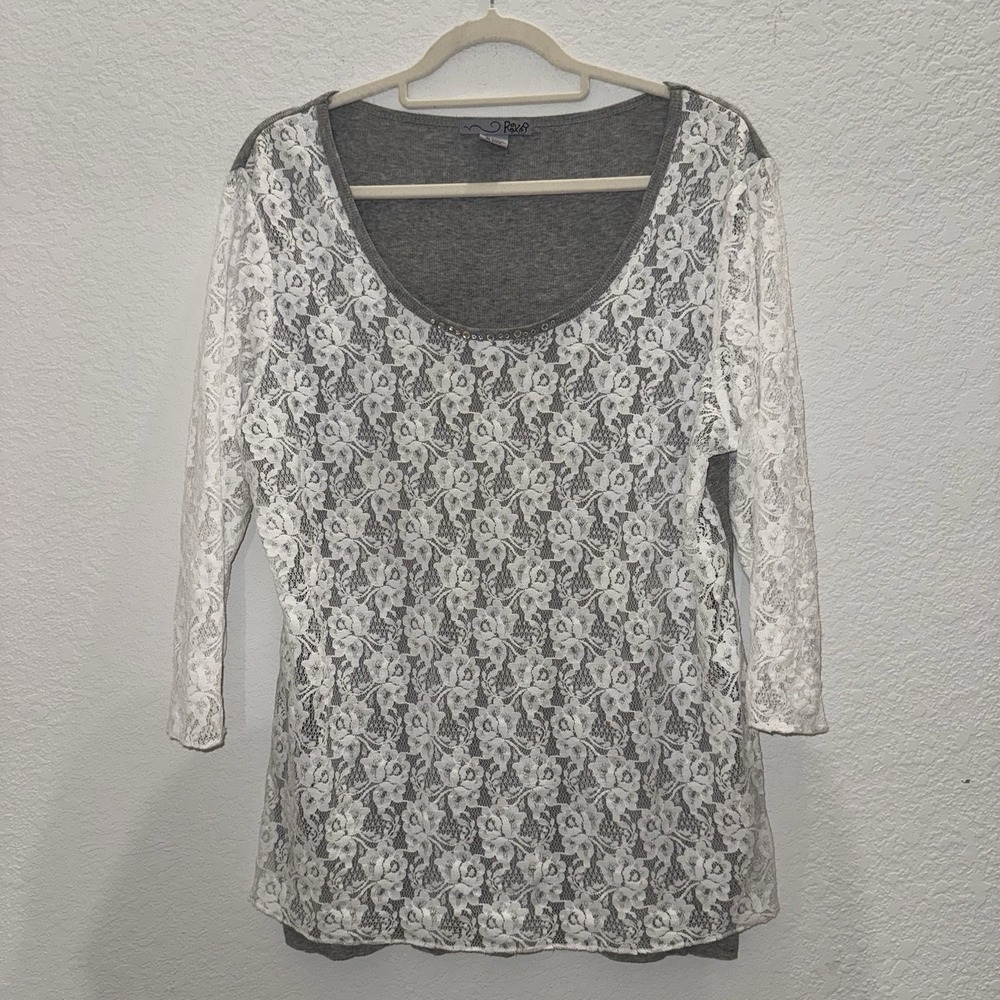 RXB Women's XL Sheer Floral Lace Gray Long Sleeves Top Beaded Y2K Fairy Grunge